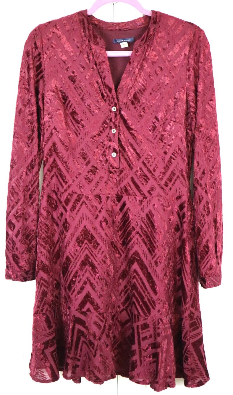 Tommy Hilfiger Maroon Burgundy Dress Burnout Velvet Short Sheer Sleeves Womens 6